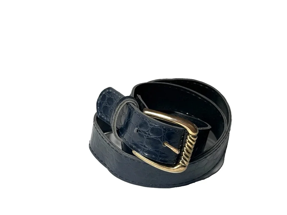 Vintage Womens Belt Navy Dark Blue With Gold Buckle Size 12 Medium Faux Leather